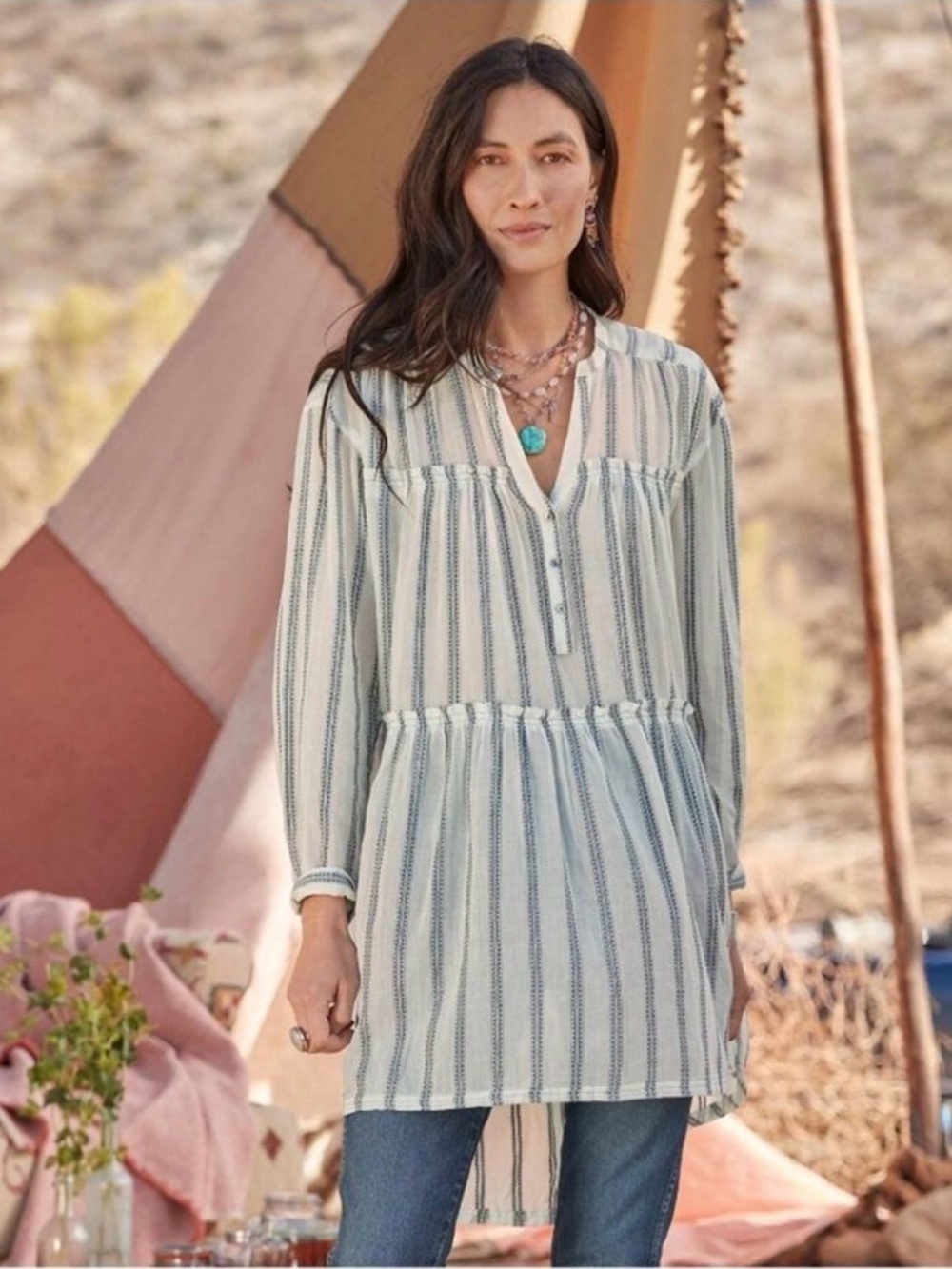 SUNDANCE Thea Blue White Striped Oversized Hi Lo Tunic Top Shirt Dress small NEW